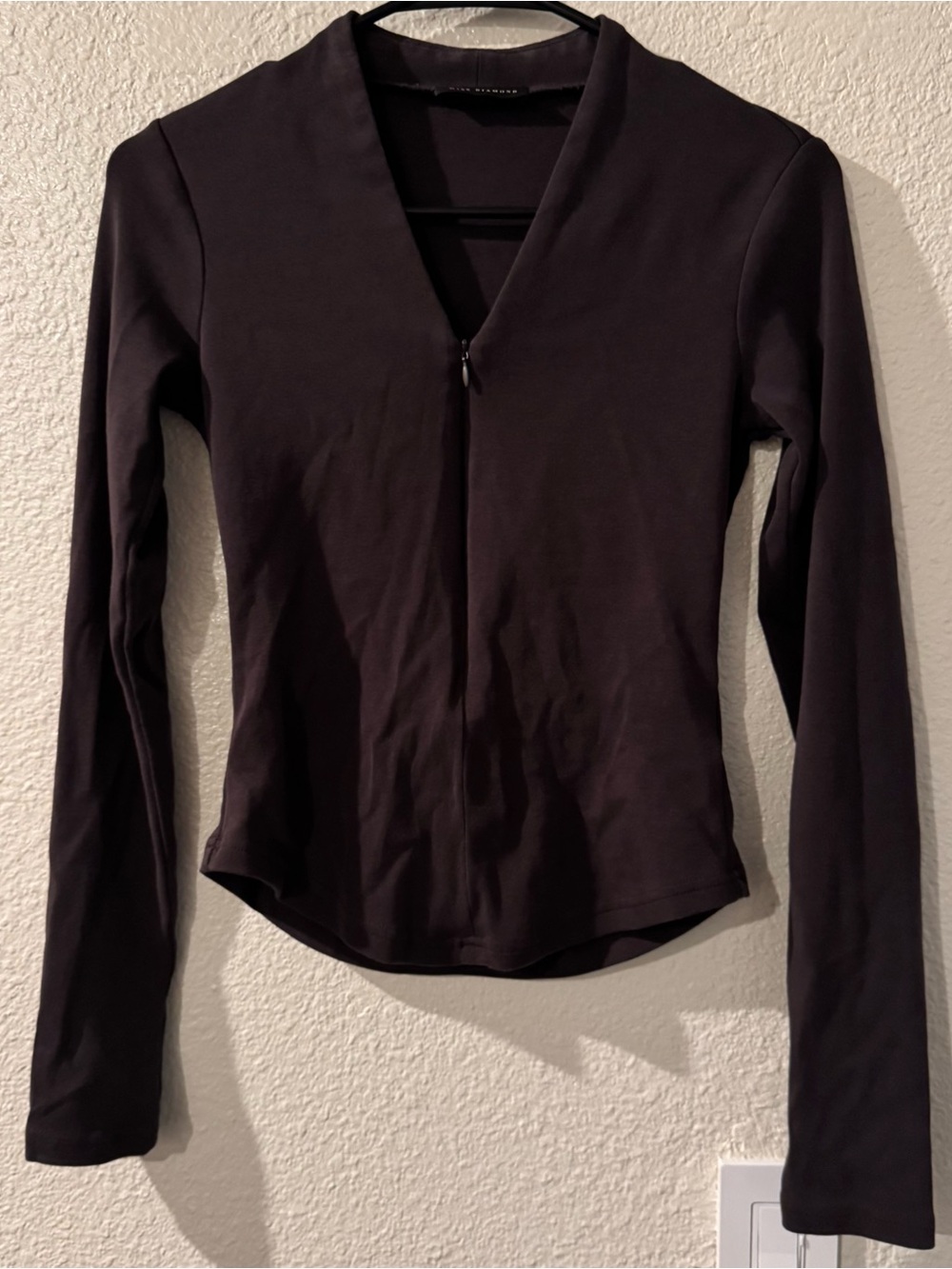 Women's Brown Long-Sleeve V-Neck Zip Front Top